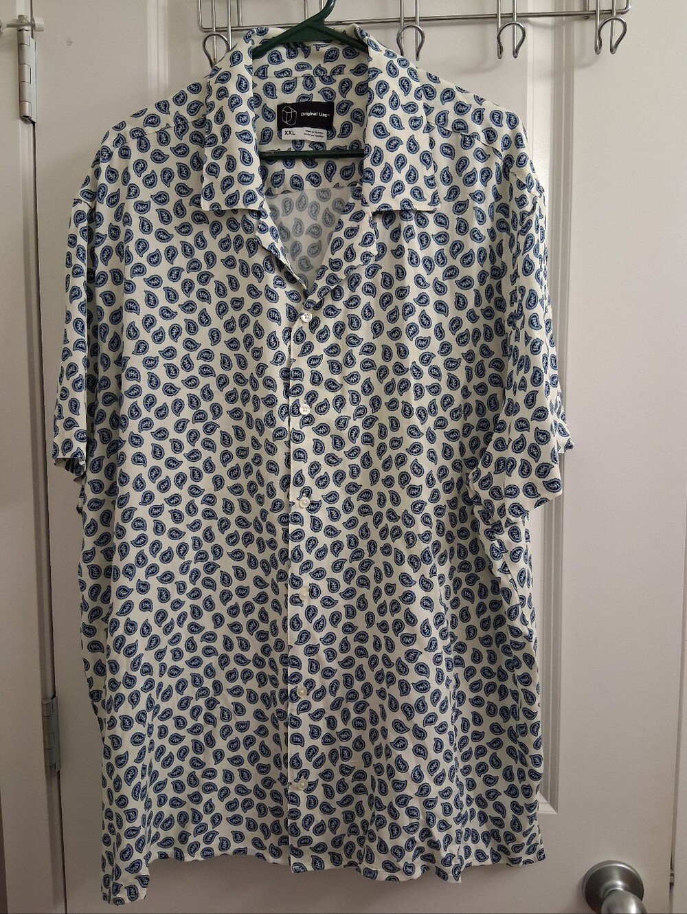 Original Use White Button-Down Shirt with Blue Paisley Print